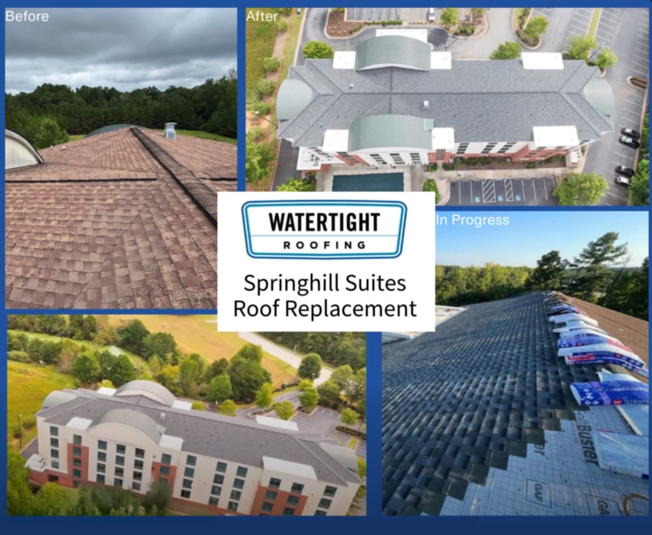 Before, progress, and after collage of the SpringHill Suites roof replacement