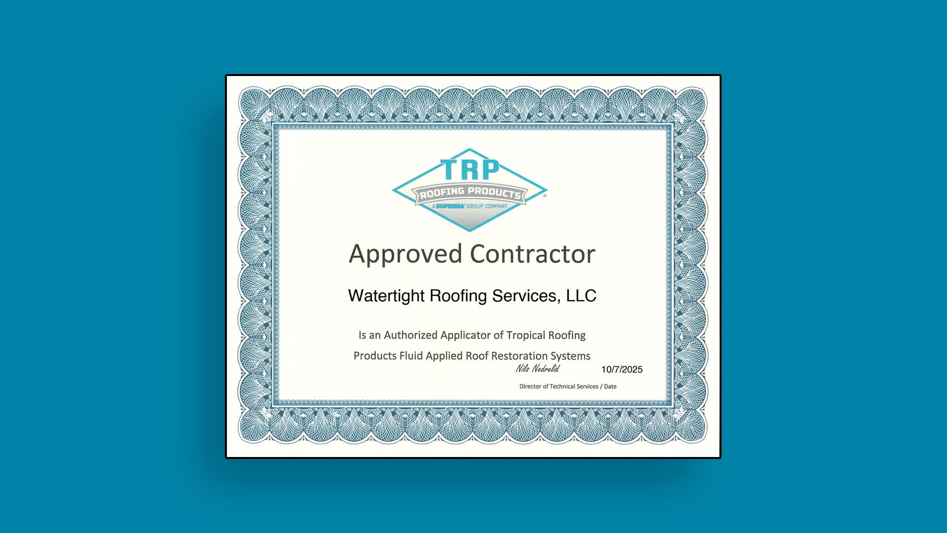 Watertight Roofing Approved as Certified Tropical Roofing Products Installer